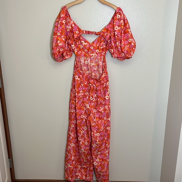 NWT Free People Amy Red Pink Floral Puff Sleeve Open Back Romper Jumpsuit - Picture 8 of 15